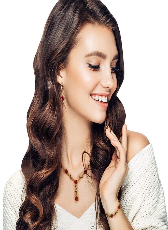 ALAIX 14K Gold Plated Necklaces for Women Dainty Long Rose Pendant Gold Necklace for Girls Vintage Red Flower Women' Necklace Pendant Necklace Earring Bracelet Sets - Image 2
